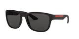 Prada Linea Rossa PS 01US DG05S0 sunglasses, black rubber frame with grey lenses, angled front view
