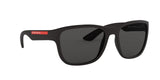 Prada Linea Rossa PS 01US DG05S0 sunglasses, black rubber frame with grey lenses, angled front view