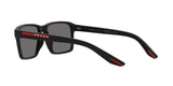 Prada Linea Rossa PS 05YS DG002G sunglasses, black rubber frame with dark grey polarized lenses, angled rear view