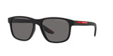 Prada Linea Rossa PS 06YS DG002G sunglasses, black rubber frame with polarized dark grey lenses, angled front view