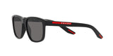 Prada Linea Rossa PS 06YS DG002G sunglasses, black rubber frame with polarized dark grey lenses, angled side view