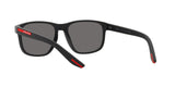 Prada Linea Rossa PS 06YS DG002G sunglasses, black rubber frame with polarized dark grey lenses, rear angled view