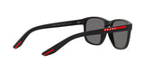 Prada Linea Rossa PS 06YS DG002G sunglasses, black rubber frame with polarized dark grey lenses, angled rear view