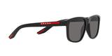 Prada Linea Rossa PS 06YS DG002G sunglasses, black rubber frame with polarized dark grey lenses, angled side view