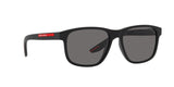 Prada Linea Rossa PS 06YS DG002G sunglasses, black rubber frame with polarized dark grey lenses, angled front view